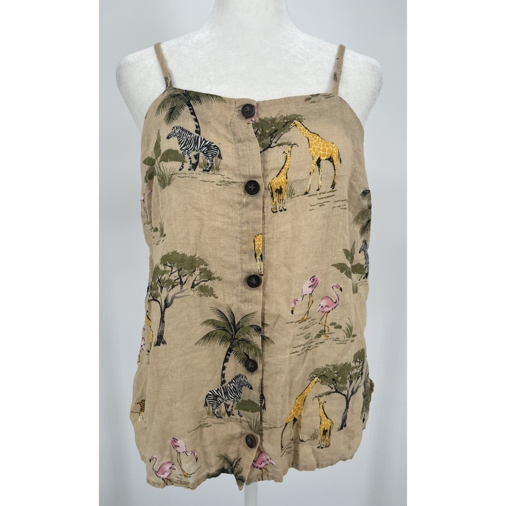 Old Navy Women's Size SM Linen‎ Blend Tank Camisole Biege Zoo Safari Animals EXC